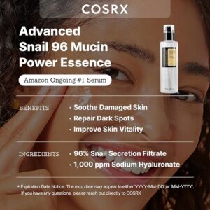 "COSRX Snail Mucin 96% Power Repairing Essence applied on a hand, demonstrating its lightweight, hydrating texture."