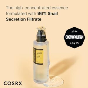 "COSRX Snail Mucin 96% Power Repairing Essence bottle with a close-up view, showcasing its gel-like texture and packaging."