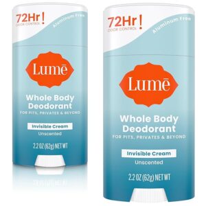 Lume Whole Body Deodorant - Invisible Cream Stick - 72 Hour Odor Control - Aluminum Free, Baking Soda Free, Skin Safe